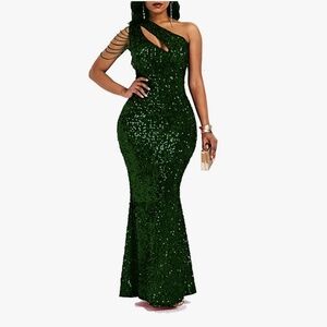 Green Sequin Mermaid Bodycon One Shoulder Evening Cocktail Formal Gown Dress